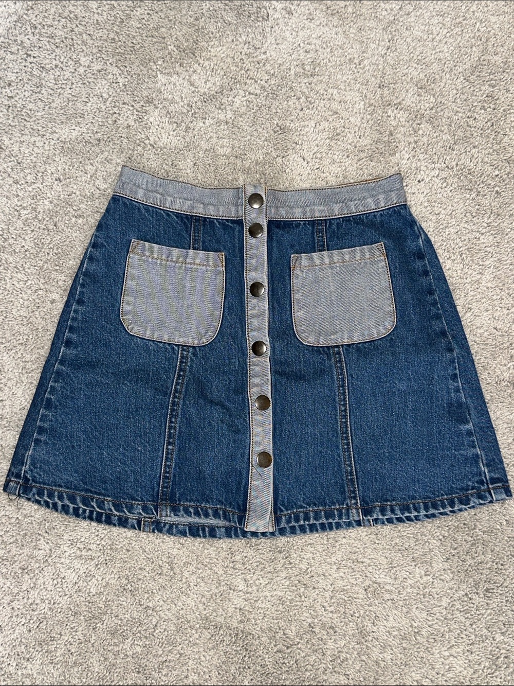 BDG Two-Tone Blue Button-Front Mini Denim Skirt